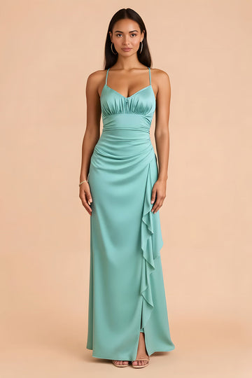 Robe de demoiselle d’honneur longue à bretelles en satin vert menthe